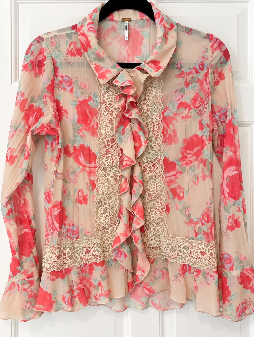 Free People Sheer Floral Ruffle Blouse in Coral and Cream